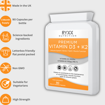 6 Month Supply - Premium Vitamin D3 3000iu & Vitamin K2 100ug (MK7) (2 Pack)